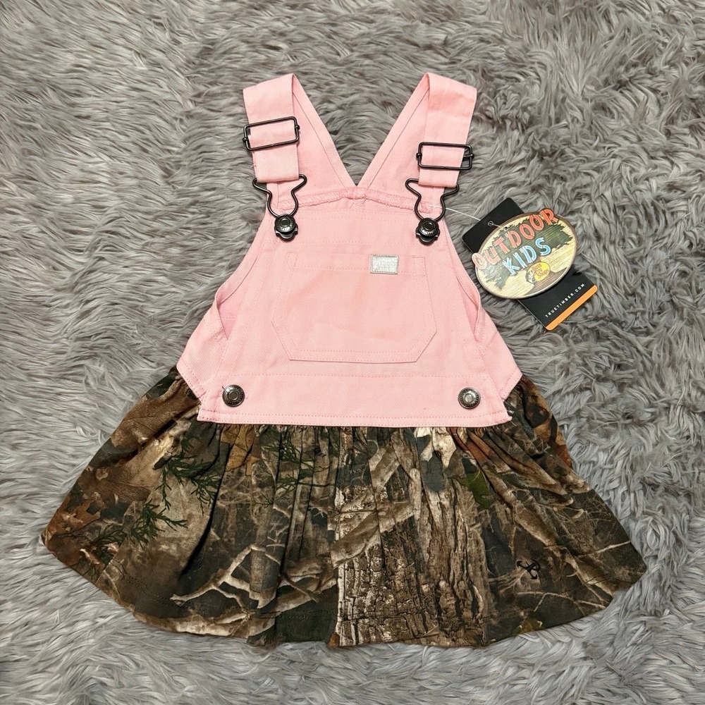 Outdoor Kids Bass pro Shop Camo Pink Denim Overall Dress Baby Girl 0-3 Months